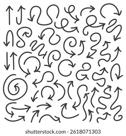 Black ink arrows in doodle sketch style showing multiple curves and directions on white background