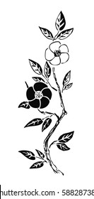 Black ink asian decorative border with branch with flowers on white background