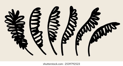 Coleta de folhas de bananeira de tinta preta. Escova seca mão pintado conjunto de folhas tropicais. Mão desenhada abstrato palmeira folhas impressão. Escova linear traça esboço com plantas de folhagem tropical.