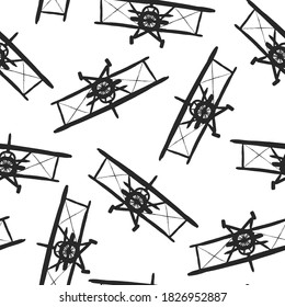 Black ink biplanes isolated on white background. Monochrome seamless pattern. Front view. Vector flat graphic hand drawn illustration. Texture.