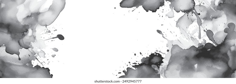 Black ink blob background, vector dark watercolor spot texture, abstract grunge stain, dirty splash. Brushstroke painting liquid frame, grunge paper inkblot, spray dripped wet overlay. Ink blob banner