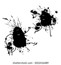 Black ink blob on an isolated background. Black ink splashes. Grunge splatters. Smiling faces.