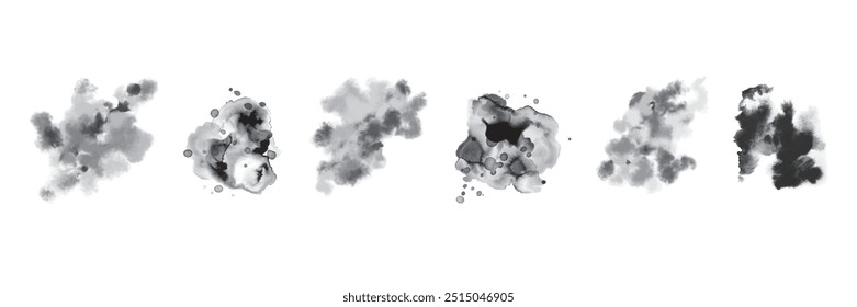 Black ink blob set, dark watercolor vector spot, grunge stain abstract dirty splash collection. Brushstroke painting liquid silhouette, grunge paper inkblot, spray dripped wet background. Ink blob 