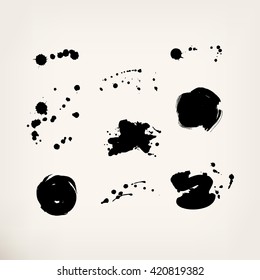 Black ink blot, stain. Set of grunge painting on isolated background. Abstract vector illustration. Design elements for your projects