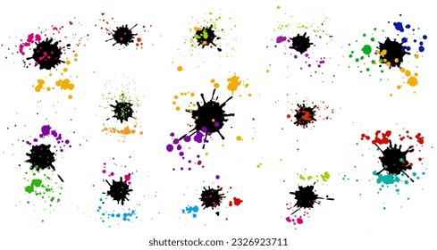 Black ink blots with colored drops, set. Vector illustration
