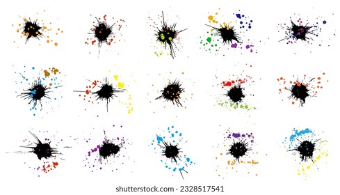Colores de tinta negra con gotas de color, ajustados. Ilustración del vector