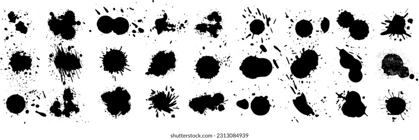 Black ink blots with drops. Different handdrawn spray design elements. Paint ink splatter, stains set. Splash of paints with drops. Vector illustration