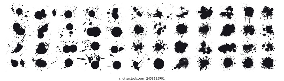 Black ink blots with drops. Different handdrawn spray design elements. Paint ink splatter, stains set. Splash of paints with drops.