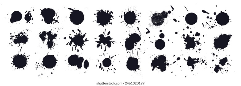 Black ink blots with drops. Different handdrawn spray design elements. Paint ink splatter, stains set. Splash of paints with drops.