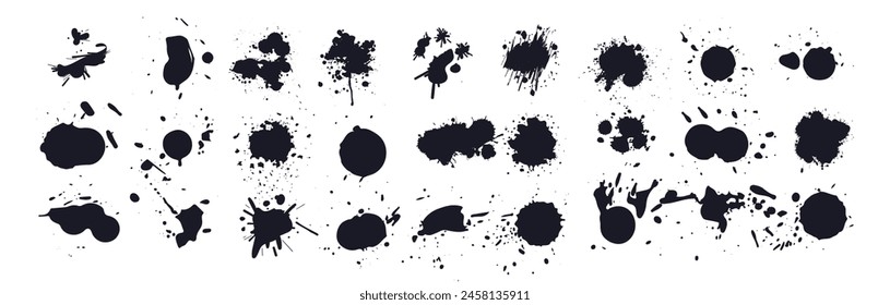 Black ink blots with drops. Drops blots isolated vector set. Black ink blow explosion