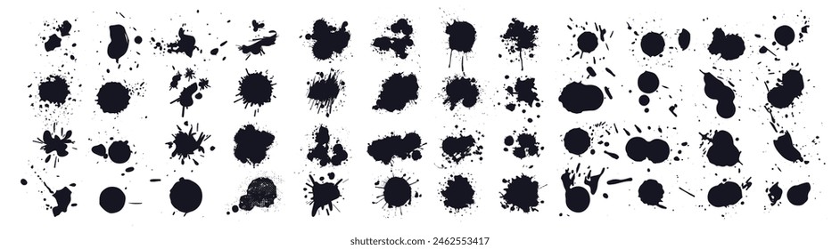 Black ink blots with drops. Drops blots isolated vector set. Black ink blow explosion