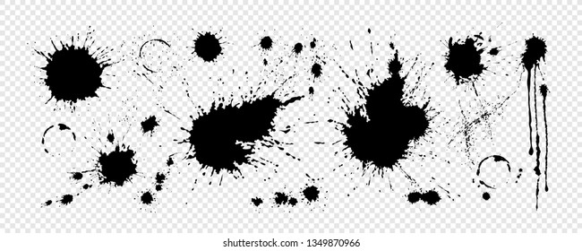 Black ink blots with drops, splash collection. Set for your design. Eps10 vector template.