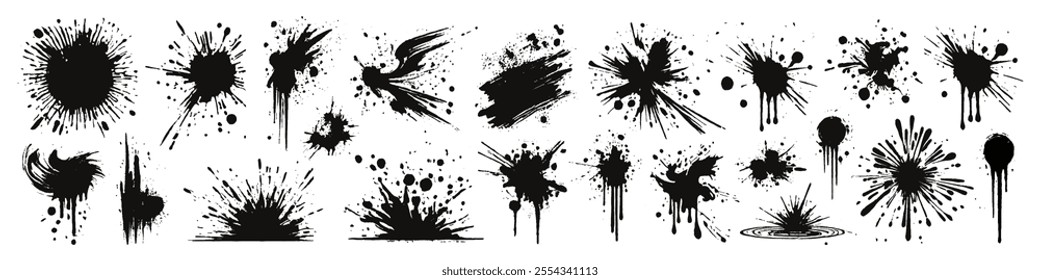 Black ink blots with drops vector illustration. Set of paint and ink splatters and stains. Various hand-drawn spray design elements, including splashes of paint with drops