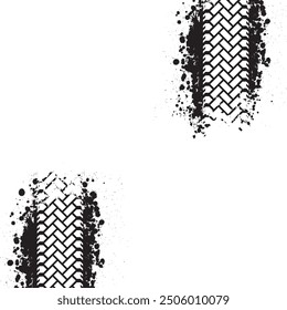 Black ink blots grunge stain with white tire track marks. Dirty race track car path. Sport rally design