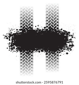 Black ink blots grunge stain with white tire track marks. Dirty race track car path. Sport rally design