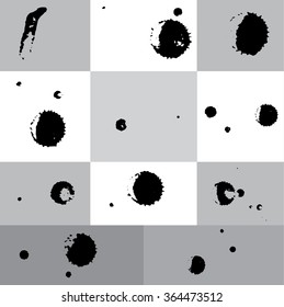 Black ink blots, splashes and drops. Vector set