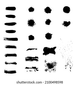 Black ink borders, brush strokes, stains, banners, splatters, blots isolated and grouped on white background. Vector collection of hand drawn grunge elements, shapes.