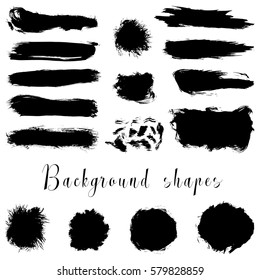 Black ink borders, brush strokes, stains, banners, blots, splatters. Vector set of hand drawn grunge elements isolated on white background. 