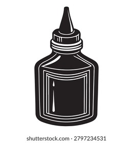 Black ink bottle with cap and dripping liquid isolated on transparent background for graphic design use