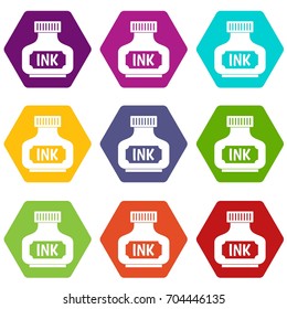 Black ink bottle icon set many color hexahedron isolated on white vector illustration