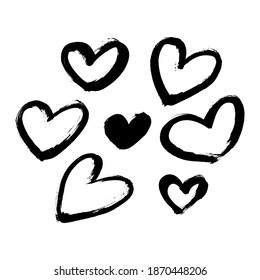 Black ink brush heart stroke. Chinese calligraphy black brush hearts isolated on white background. Dirty abstract grunge artistic design element for poster, banner, flyer. Vector illustration