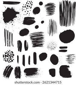Black Ink Brush Shapes and Stroke Texture Set, Grunge Vector Elements