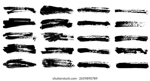 Colección de pincelada de tinta negra con texturas de pintura grunge, líneas gruesas dibujadas a mano, trazos Horizontales Formas rectangulares y Elementos de plantilla sobre fondo transparente