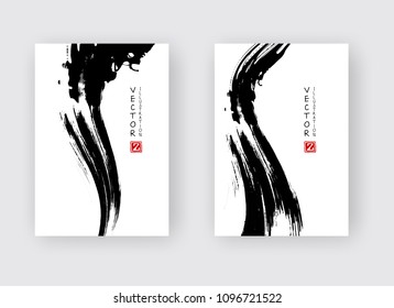 Black ink brush stroke on white background. Japanese style. Vector illustration of grunge stains