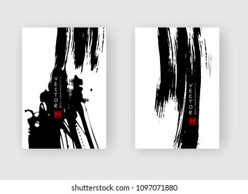 Black ink brush stroke on white background. Japanese style. Vector illustration of grunge stains