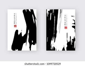 Black ink brush stroke on white background. Japanese style. Vector illustration of grunge stains