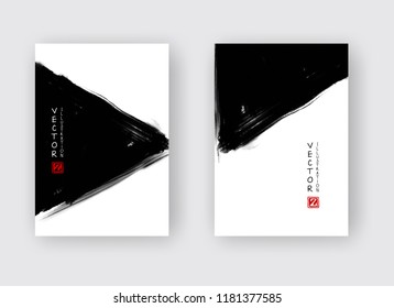 Black ink brush stroke on white background. Japanese style. Vector illustration of grunge stains