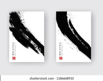 Black ink brush stroke on white background. Japanese style. Vector illustration of grunge stains