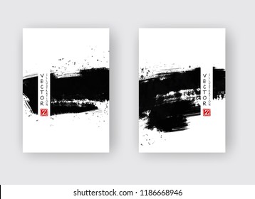 Black ink brush stroke on white background. Japanese style. Vector illustration of grunge stains