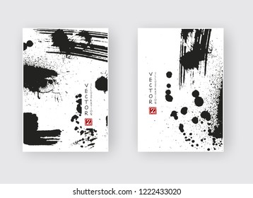 Black ink brush stroke on white background. Japanese style. Vector illustration of grunge stains