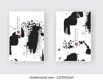 Black ink brush stroke on white background. Japanese style. Vector illustration of grunge stains