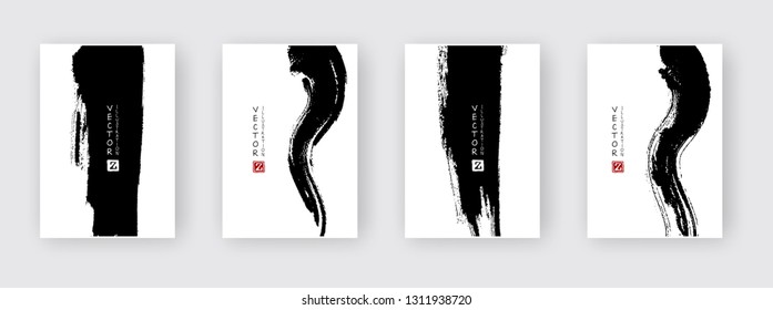 Black ink brush stroke on white background. Japanese style. Vector illustration of grunge circle stains