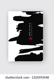 Black ink brush stroke on white background. Japanese style. Vector illustration of grunge stains
