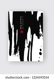 Black ink brush stroke on white background. Japanese style. Vector illustration of grunge stains