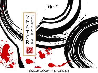 Black ink brush stroke on white background. Japanese style. Vector illustration of grunge stains