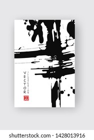 Black ink brush stroke on white background. Japanese style. Vector illustration of grunge stains