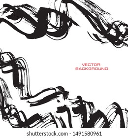Black ink brush stroke on white background. Japanese style. Vector illustration of grunge wave stains. Banner, card, web and print design