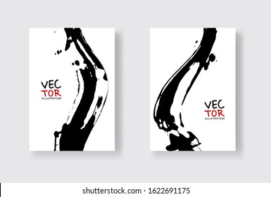 Black ink brush stroke on white background. Japanese style. Vector illustration of grunge wave stains.Vector brushes illustration.