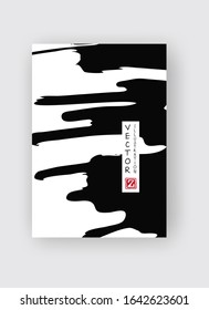 Black ink brush stroke on white background. Japanese style. Vector illustration of grunge stains