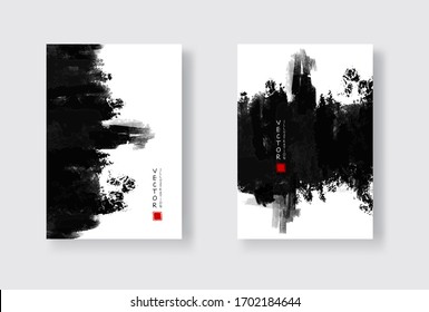 Black ink brush stroke on white background. Japanese style. Vector illustration of grunge wave stains.Vector brushes illustration.