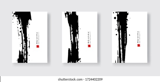 Black ink brush stroke on white background. Japanese style. Vector illustration of grunge wave stains.Vector brushes illustration.