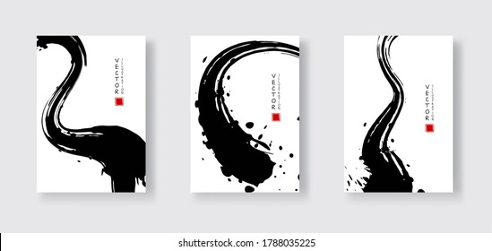 Black ink brush stroke on white background. Japanese style. Vector illustration of grunge wave stains.Vector brushes illustration.