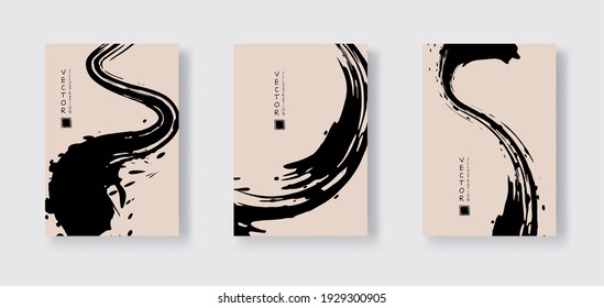 Black ink brush stroke on color background. Japanese style. Vector illustration of grunge wave stains.Vector brushes illustration.