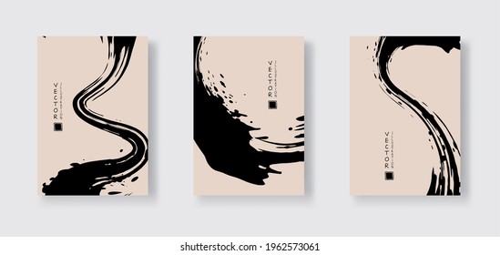 Black ink brush stroke on color background. Japanese style. Vector illustration of grunge wave stains.Vector brushes illustration.