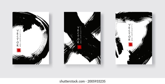 Black ink brush stroke on white background. Japanese brush style banner. Vector illustration of grunge stains