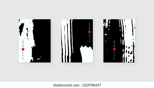 Black ink brush stroke on white background. Japanese style. Vector illustration with grunge stains.